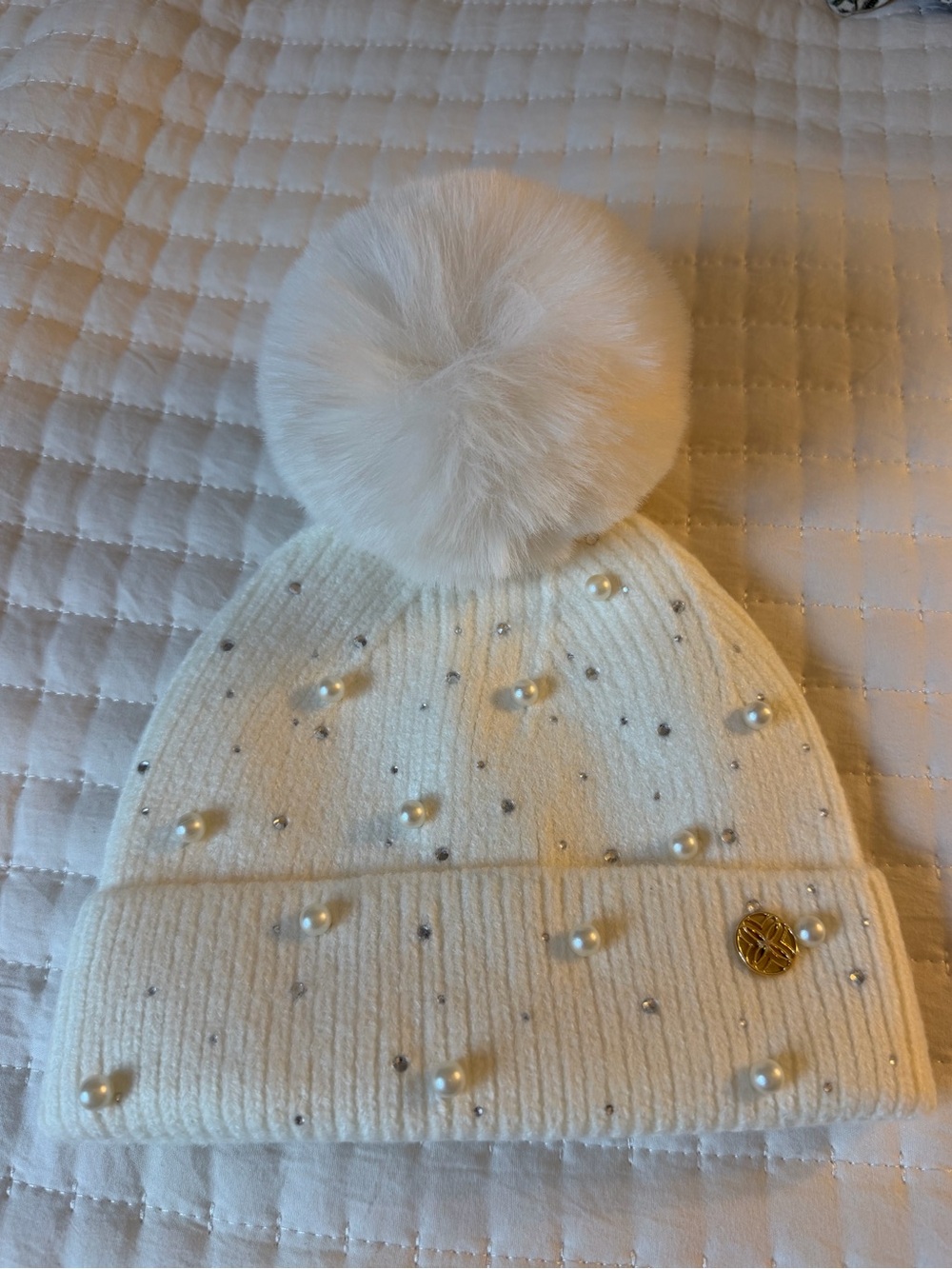 Lily Pulitzer Cream Pearl-Embellished Pom Pom Beanie